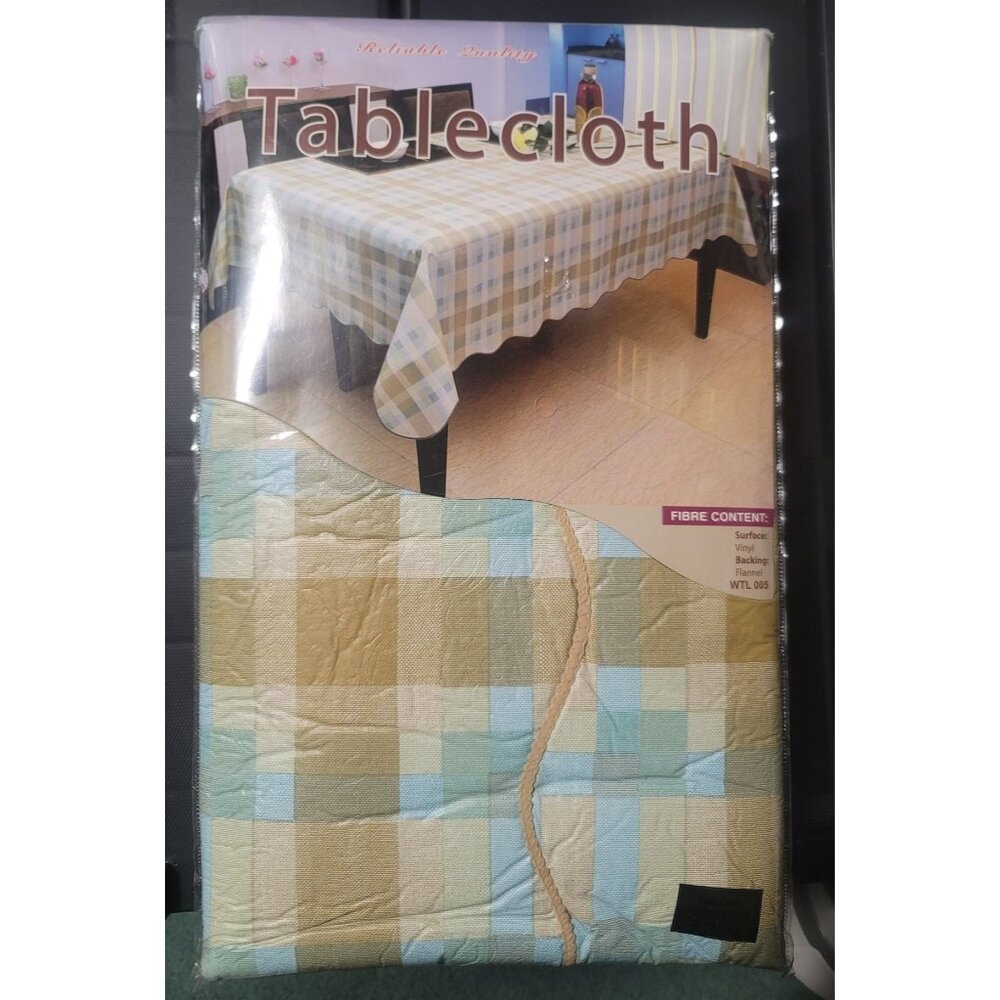 Vinyl & Flannel Oblong / Rectangle Tablecloth 60"x122" Plaid Pattern Beige/Blue